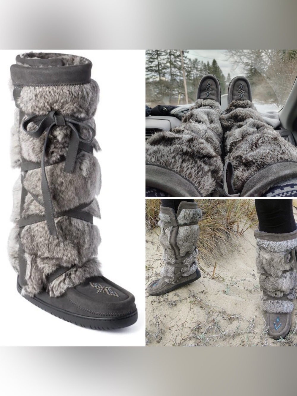 Manitobah Tall Wrap Mukluks Tall Rabbit Fur Suede Boots L5/6/6.5 Gray